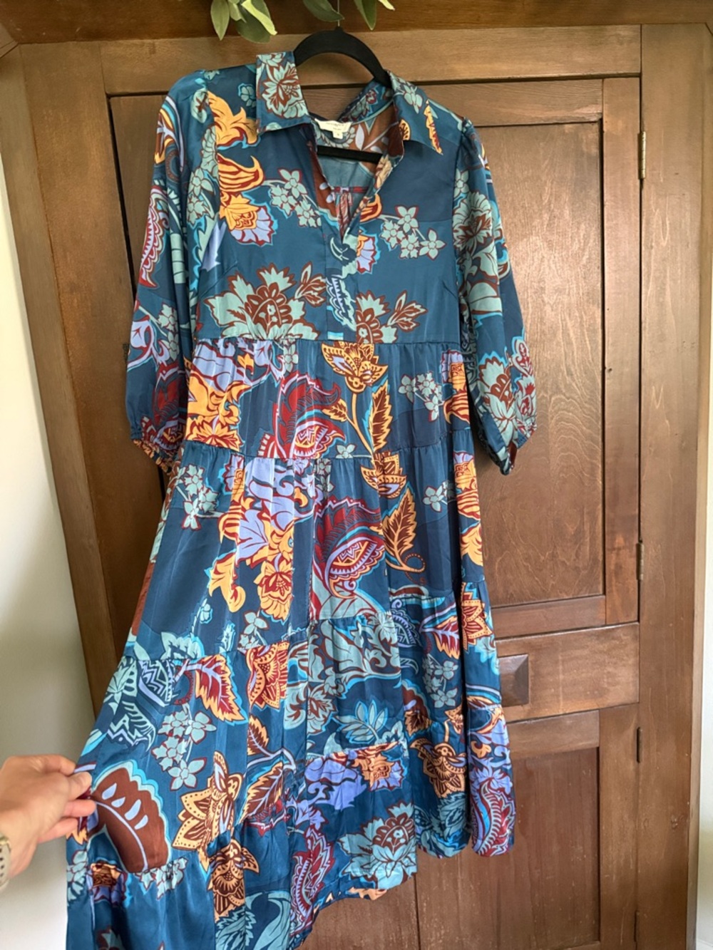Teal Floral Tiered Midi Dress with Burnt Orange & Yellow Accents - Picture 5 of 6